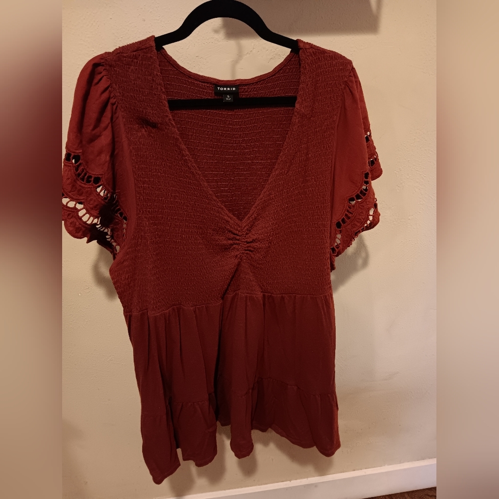 Torrid Rust Red Blouse with Lace Ruffle Sleeve #15